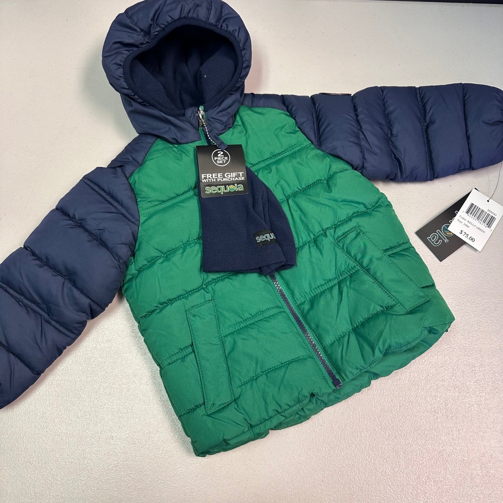 Sequoia Toddler Boys Puffer Jacket and Beanie Set Kelly‎ Green Navy 24M D20161